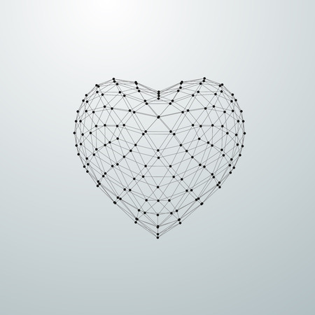 Happy Valentines Day. 3D heart shape of particle array and wireframe. Vector illustration.のイラスト素材