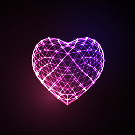 Happy Valentines Day. 3D illuminated neon heart of glowing particles and wireframe. Vector illustration.のイラスト素材
