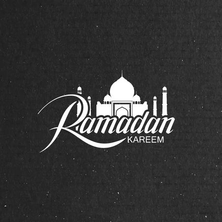 Ramadan Kareem. Vector typographic illustration of handwritten Ramadan Kareem label and mosque building. Lettering composition of muslim holy month Ramadanのイラスト素材