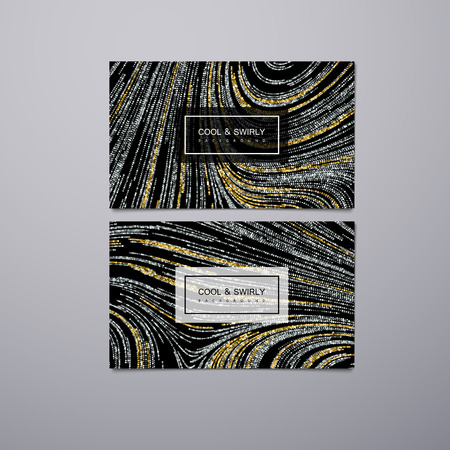Greeting, invitation or business cards design template with swirled glittering stripes. Vector illustration of golden and silver glitter background. Marble or acrylic texture imitation.のイラスト素材