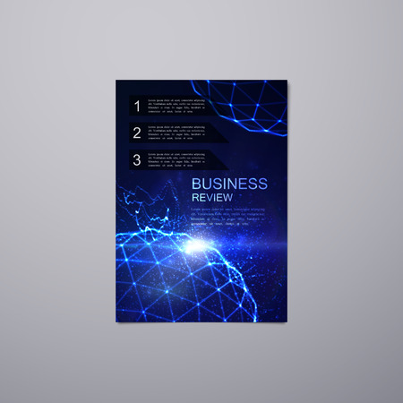 Business report template design. Vector illustration of book or brochure cover with abstract digital shiny sphere and lens flare light effect. Annual report template. Corporate identity template.のイラスト素材