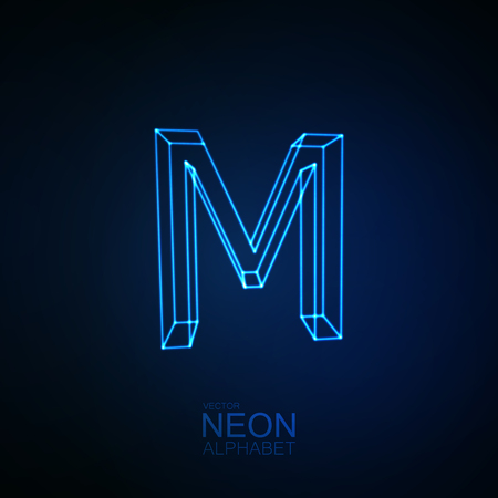 Neon 3D letter M. Typographic element. Part of glow neon alphabet. Vector illustrationのイラスト素材