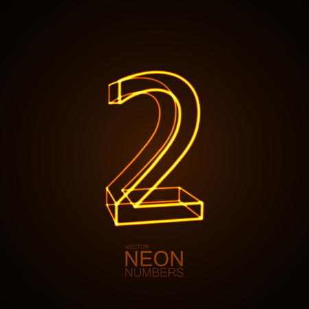 Neon 3D number 2. Typographic vector element for design. Part of glow neon alphabet. Digit two. Vector illustrationのイラスト素材