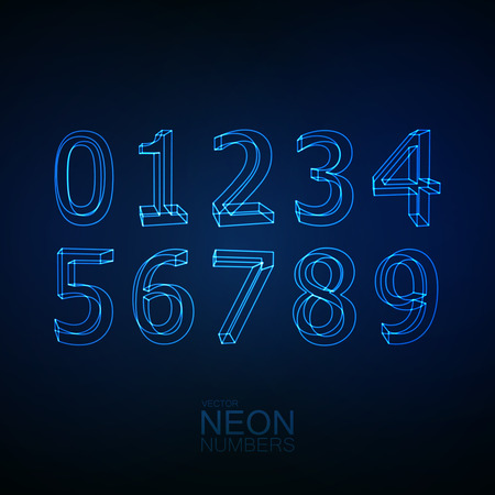Neon 3D number set. Typographic element set. Glowing neon characters. Neon digit collection. Vector illustrationのイラスト素材