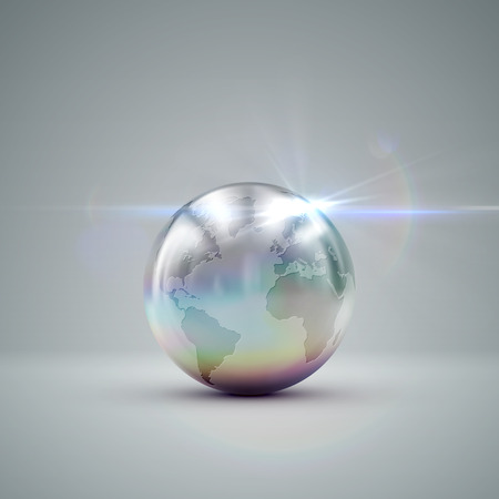 Metallic Earth globe. 3D metallic sphere with iridescent reflections and lens flare light effect. Vector realistic illustration with silver globeのイラスト素材