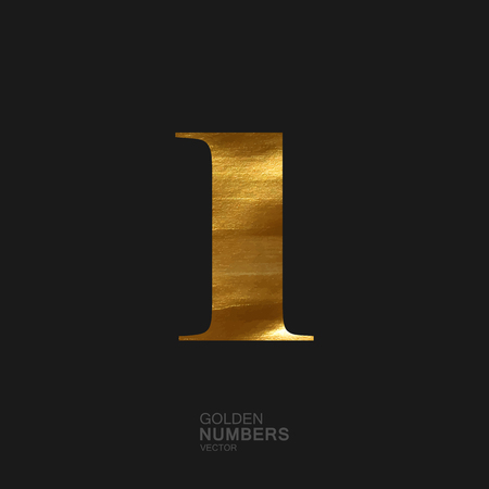 Golden number 1. Typographic vector element for design. Part of glow golden painted alphabet. Digit one with golden paint texture. Vector illustrationのイラスト素材