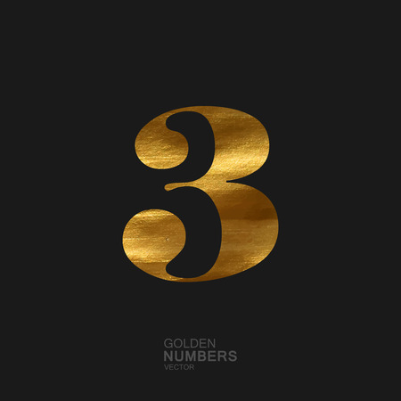 Golden number 3. Typographic vector element for design. Part of glow golden painted alphabet. Digit three with golden paint texture. Vector illustrationのイラスト素材