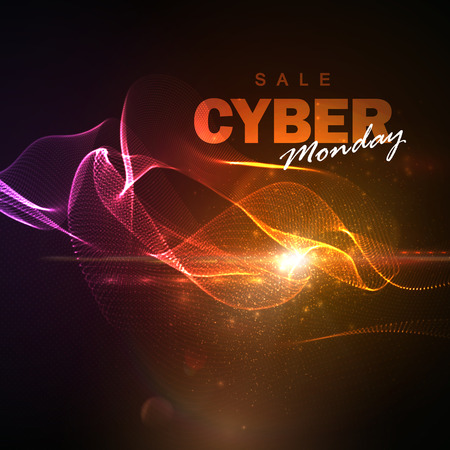 Cyber Monday sale flyer design template. Vector illustration of neon lights Cyber Monday sign with digital illuminated wave and lens flare effect.のイラスト素材