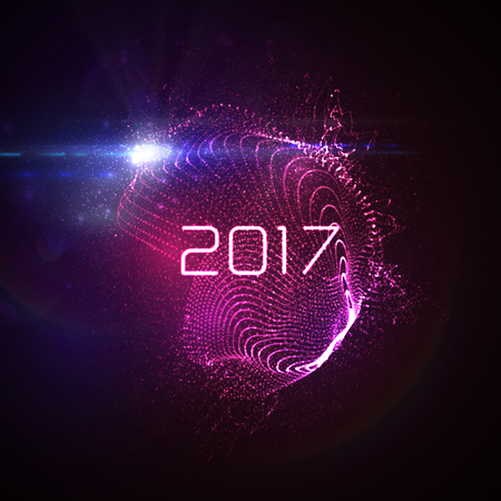 Happy New 2017 Year. holiday illustration of glowing neon 2017 sign with shiny abstract distorted 3d shape of particles, wireframe and optical light effectのイラスト素材