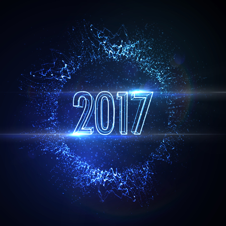 Happy New 2017 Year. holiday illustration of glowing neon 2017 sign with shiny abstract splash of particles, wireframe and optical light effectのイラスト素材