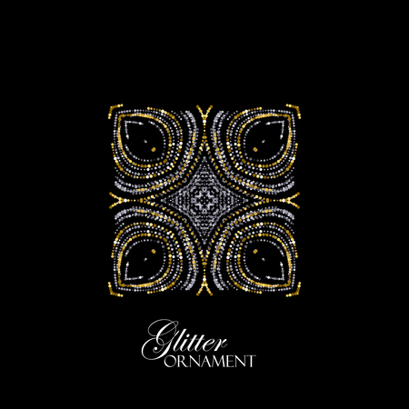 Luxury festive ornament with shiny golden and silver glitters. Vector illustration. Vintage glittering ornament. Christmas snowflake. Holiday decorationのイラスト素材