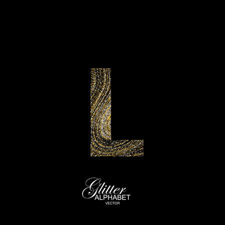 Letter L of golden and silver glitters. Typographic element for design. Part of marble texture imitation alphabet. Letter L with diffusion glitter lines swirly pattern. illustrationのイラスト素材