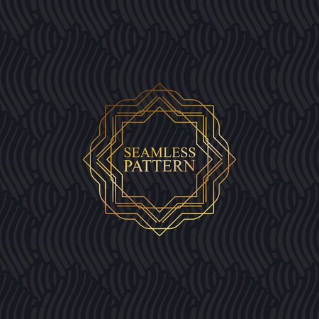 Vector seamless elegant pattern for package or fabric design. Black seamless wallpaper with golden ornate frame. Art-deco vintage backgroundのイラスト素材