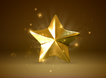 Golden shiny star with glitters and sparkles. Vector realistic 3d illustration.のイラスト素材