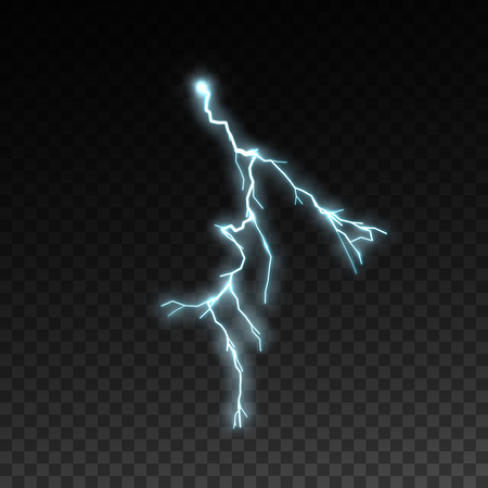 Realistic shiny lightning isolated on checkered transparent background. Thunderbolt or lightning visual effect for design. Vector illustration. Thunderstorm natural effectのイラスト素材