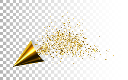 Golden party popper with spraying confetti particles vectorのイラスト素材