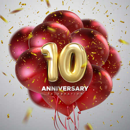 10 Anniversary celebration. Golden numbers with sparkling confetti and red balloon bunch. Vector festive illustration. Realistic 3d sign. Party event decorationのイラスト素材