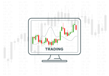 Forex trading graph. Vector financial technology illustration. Investment strategies or online trading concept. Desktop computer monitor with candlestick chart. Stock exchange indicators.のイラスト素材