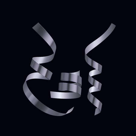 Glossy swirled party ribbons or streamers. Vector illustration of silver confetti serpentine. Shimmering curly tinsel. Decoration elements for festive design. Holiday or party ornamentのイラスト素材