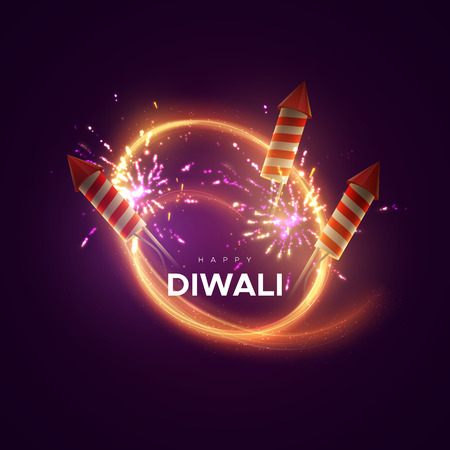 Happy Diwali. Holiday vector illustration of hindu religion event Deepavali. Festive light banner with sparkling fireworks and crackers. Poster template design.の写真素材