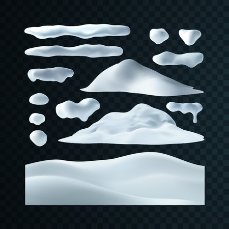 Vector set of snow caps, icicles, snowball and snowdrift isolated on transparent background. Winter decorations. Seasonal elements for designのイラスト素材