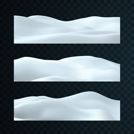 Set of snowy landscapes isolated on dark transparent background. Vector illustration of winter decorations. Snow background. Snowdrift template. Game art concept. Seasonal elements for designのイラスト素材