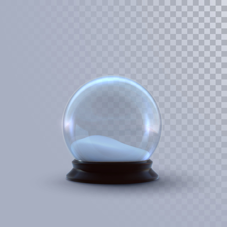 Christmas snow globe isolated on checkered transparent background. Vector 3d illustration. Holiday realistic decoration. Winter Xmas ornament. Crystal ball with snow. Glass sphereのイラスト素材
