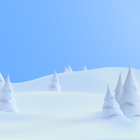 Winter landscape with snowdrifts and snowy fir trees. Vector 3d illustration. Seasonal nature background. Frosty snow hills. Game art concept.のイラスト素材
