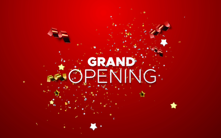 Grand Opening. Business startup open ceremony. Vector illustration. Marketing event label. Abstract background with colorful sparkling confetti tinsel. Announcement banner template.のイラスト素材