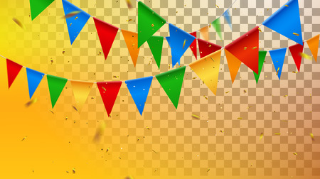 Hanging garlands and golden glittering confetti isolated on transparent checkered background. Vector illustration of bunting flags and tinsel particles. Festive decorative element for designのイラスト素材