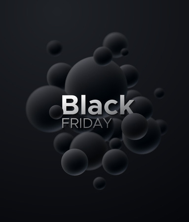Black Friday. Sale event poster. Commercial discount offer banner. 3d abstract background with black bubble shapes. Vector business illustration. Ads sign.のイラスト素材