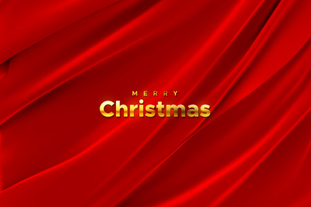 Merry Christmas. Red silky fabric background with golden sign. Vector holiday illustration. Folded textile backdrop. Winter festive decoration. Religious event. Festive banner designのイラスト素材