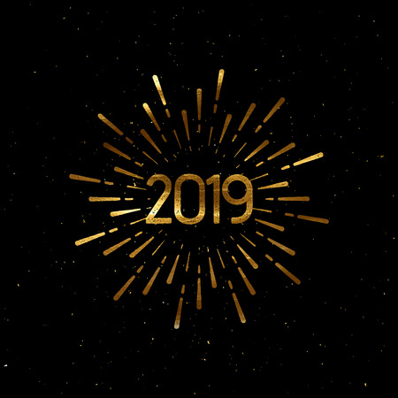 Happy 2019 New Year. Holiday Vector Illustration With Lettering And Burst Or Light Rays. Golden Textured Happy New Year Labelのイラスト素材