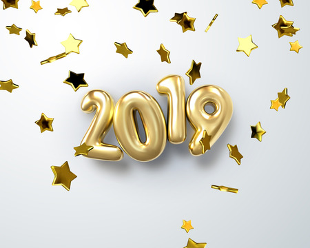 Happy New 2019 Year. Holiday vector illustration of golden metallic numbers 2019 with falling confetti stars. Realistic 3d sign. Festive poster or banner designのイラスト素材