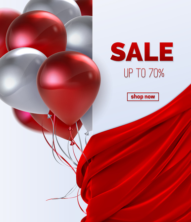 Sale banner with red silky fabric and flying balloons. Decoration element for design. Vector realistic illustration. Paper sign and draped textile isolated on white backgroundのイラスト素材