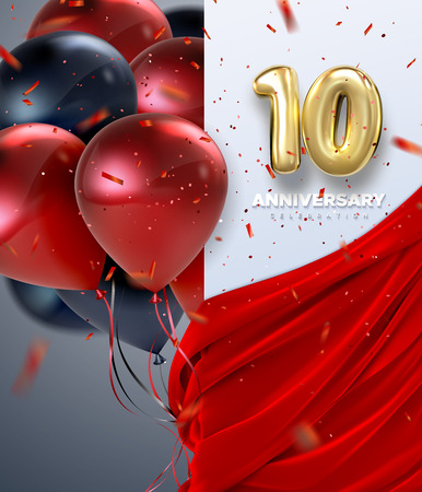 10 Anniversary celebration. Golden numbers 10 with red velvet fabric, confetti particles and flying balloons. Vector festive illustration. Realistic 3d sign. Birthday or wedding party event decorationのイラスト素材
