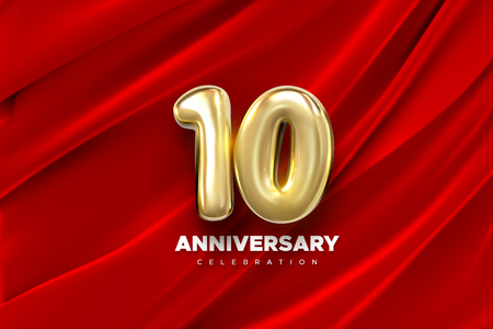 10 Anniversary celebration. Golden number 10 on red draped textile background. Vector festive illustration. Realistic 3d sign. Birthday or wedding party event decorationのイラスト素材
