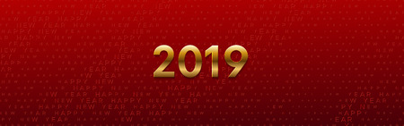 Happy New 2019 Year. Vector holiday illustration. Seasonal festive banner concept. Red background with golden typography halftone pattern. Greeting card or party invitation sign templateのイラスト素材