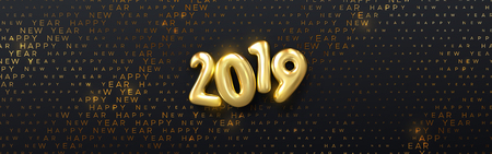Happy New 2019 Year. Vector holiday illustration. Seasonal festive banner concept. Black background with golden numbers and typography halftone pattern. Greeting card or party invitation templateのイラスト素材