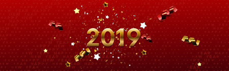 Happy New 2019 Year. Vector holiday illustration. Festive banner concept. Red background with golden typography halftone pattern and sparkling tinsel. Greeting card or party invitation sign templateのイラスト素材