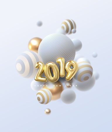 Happy New 2019 Year. Holiday vector illustration of golden metallic numbers 2019 and abstract balls or bubbles. Realistic 3d sign. Festive poster or banner design. Party invitationのイラスト素材