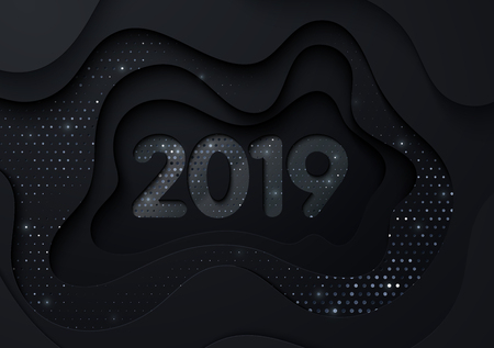 Happy New 2019 Year. Vector holiday illustration. Black papercut decoration. 2019 digits textured with paper layers and silver glittering halftone pattern. Topography relief. Banner designのイラスト素材