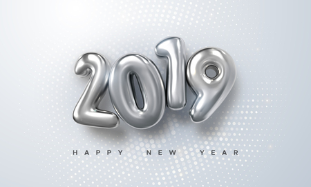 Happy New 2019 Year. Holiday vector illustration of silver metallic numbers 2019 and radial halftone pattern. Realistic 3d sign. Festive poster or banner designのイラスト素材