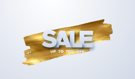 Sale banner design. Vector illustration of paper sale badge on golden paint stain background. Promotional marketing event. Business concept. Discount signのイラスト素材