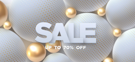 Sale banner design. Vector illustration of paper sale badge on white and golden spheres background. Promotional marketing event. Business concept. Discount signのイラスト素材