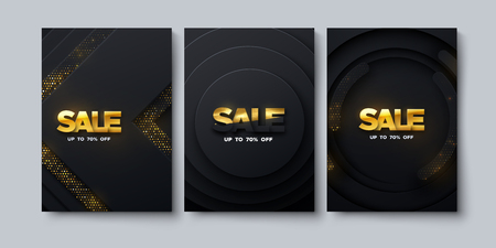 Sale banners design. Vector illustration of black and golden sale labels on layered paper black background with shimmering glitters. Ads poster template. Business concept. Discount signのイラスト素材