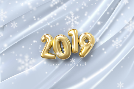 Happy New 2019 Year. Vector holiday illustration of golden numbers on white draped fabric background with falling snowflakes texture. Festive event banner. Decoration element. Poster or cover designのイラスト素材