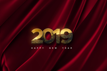 Happy New 2019 Year. Vector holiday illustration of paper cut black numbers textured with golden paint and glitters on fabric background. Festive banner. Decoration element for poster or cover designのイラスト素材