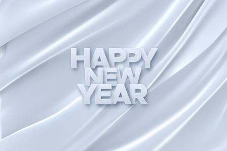 Happy New Year. White silky fabric background with paper sign. Vector holiday illustration. Folded textile backdrop. Winter festive decoration. Festive banner designのイラスト素材