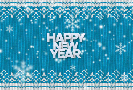 Happy New Year. Holiday vector illustration of paper Happy New Year sign with falling snowflakes texture on blue knitted background. Traditional ornament woven fabric. Festive poster or banner designのイラスト素材